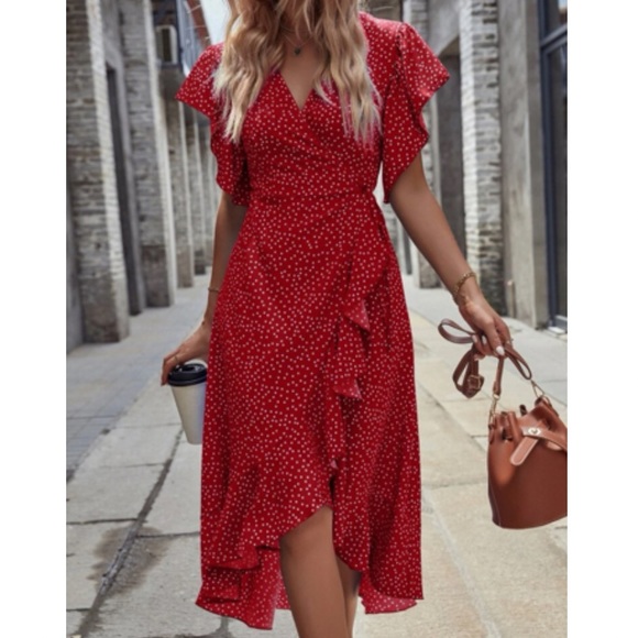 Boho polka dots ruffle hem wrap dress black - Picture 9 of 16